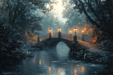 a river with a bridge and lanterns illuminating the path