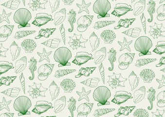 Seamless of sea shells ocean element background with green color