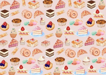 Seamless pattern of desert cakes donut cupcakes croissant food illustration