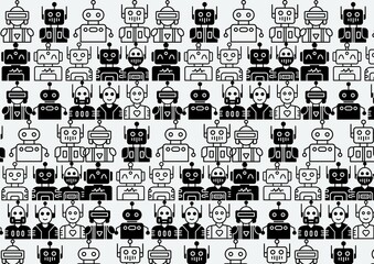 Set of black and white of robotic icons pattern background