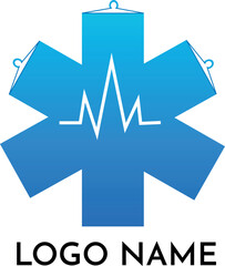 Clean Medical Logo with Heartbeat Line Inside Blue Star