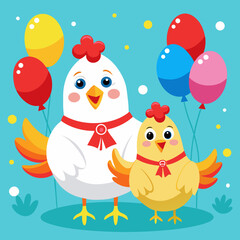 Happy Mother Hen and Chick with Colorful Balloons