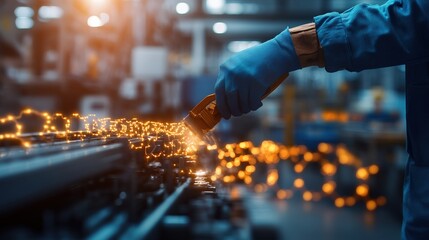 A skilled worker carefully uses a grinder to smooth metal in a manufactu factory with bright sparks flying.