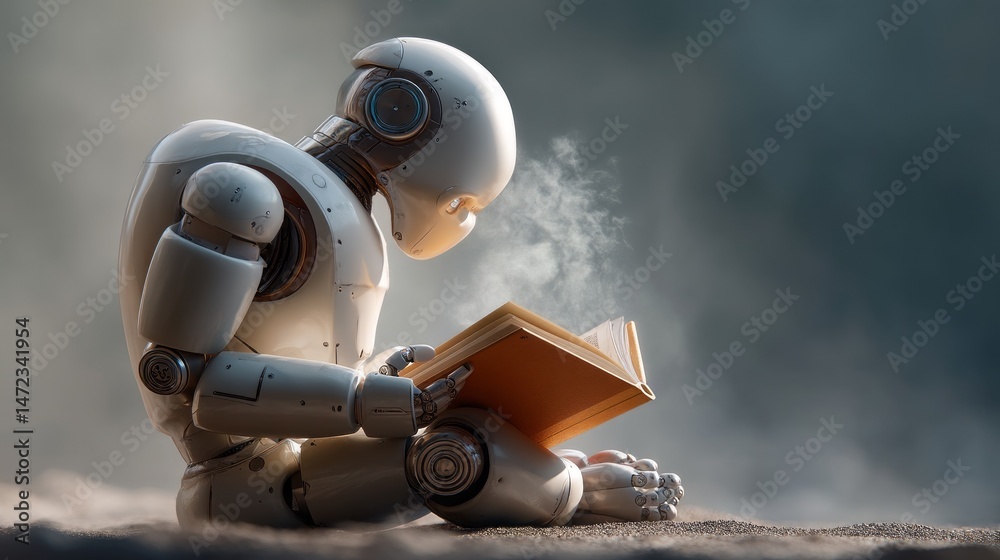 Poster In a tranquil environment, a robot sits engrossed in reading a book, reflecting on knowledge and the importance of learning. The soft light enhances its thoughtful demeanor