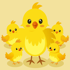 Cute Yellow Mother Hen with Three Baby Chicks Illustration