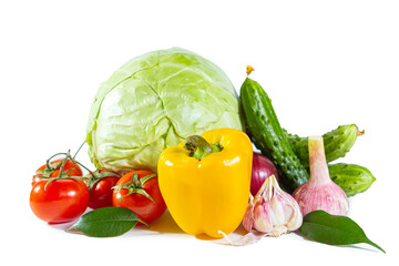 Mix of colorful vegetables - bell pepper, cabbage, tomatoes, cucumbers, onions and garlic.
