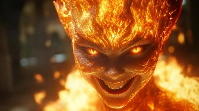 Fiery creature with glowing eyes and a sinister grin.  Flames engulf the figure