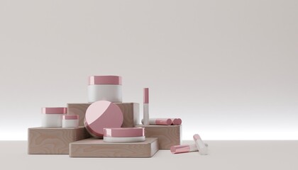 Dynamic Pink and White Cosmetic Mockup on Angled Wood