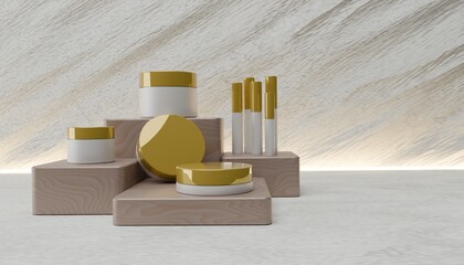 uxury Gold and White Cosmetic Mockup on Wooden Podiums