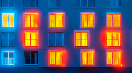 Naklejka premium Illuminated apartment building facade at night, showcasing diversely lit windows