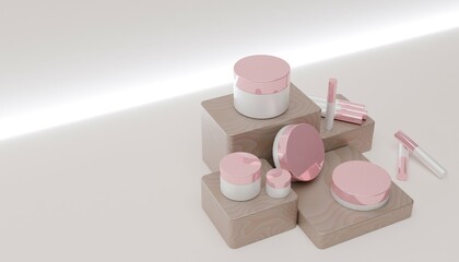 Dynamic Pink and White Cosmetic Mockup on Angled Wood