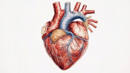 Naklejka premium Watercolor painting of a human heart with visible arteries and veins on white background.