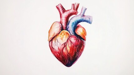 Naklejka premium Watercolor painting of a human heart with visible arteries and veins on white background.