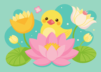 Cute Yellow Chick Among Pink and Yellow Lotus Flowers