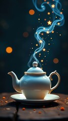 Enchanted teapot with glowing stars and whimsical steam in night setting.
