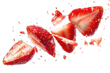 Delicious red strawberry pieces falling isolated on fresh summer fruit food photography tasty sweet on transparent background diet