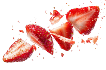 Delicious red strawberry pieces falling isolated on fresh summer fruit food photography tasty sweet on transparent background diet