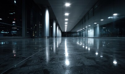 Fototapeta premium Reflective hallway in a modern building at night.
