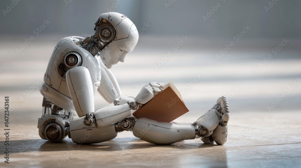 Poster a humanoid robot is sitting on the floor, deeply focused on reading a book