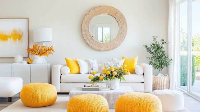 Cozy living room with yellow seating, poufs and large decorative mirror on accent wall