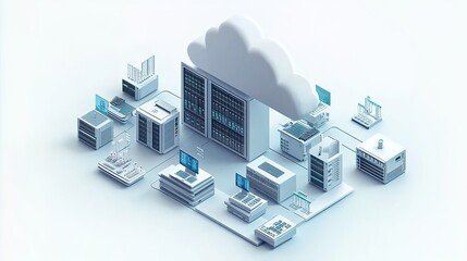 Fototapeta premium 3D isometric cloud computing infrastructure with servers and computers.