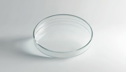 Transparent round glass petri dish on light-colored surface.