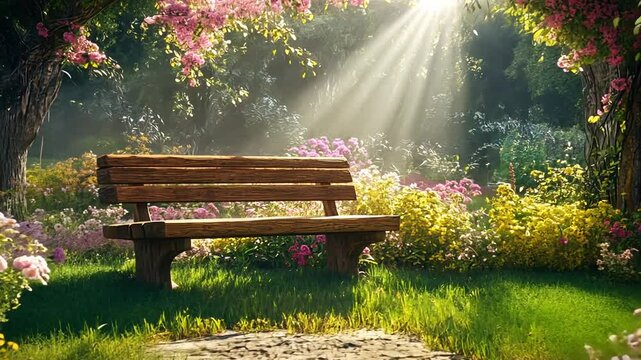 Serene garden bench surrounded by blooming flowers