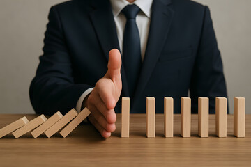 Strategic Intervention: A business professional strategically prevents a domino effect, symbolizing risk management and control.