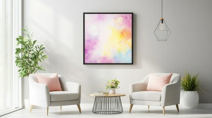 Modern grey wall sets the tone for two armchairs, table, plant and framed painting in cozy interior