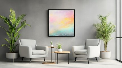 Modern grey wall sets the tone for two armchairs, table, plant and framed painting in cozy interior