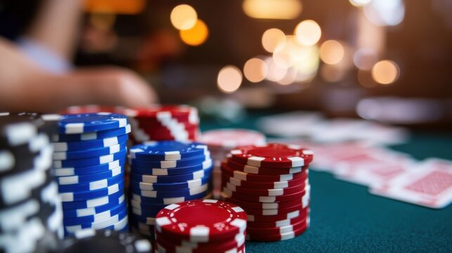 Close-up view of stacks of red and blue poker chips on a green felt casino table, with a blurred background of a casino setting. : Generative AI