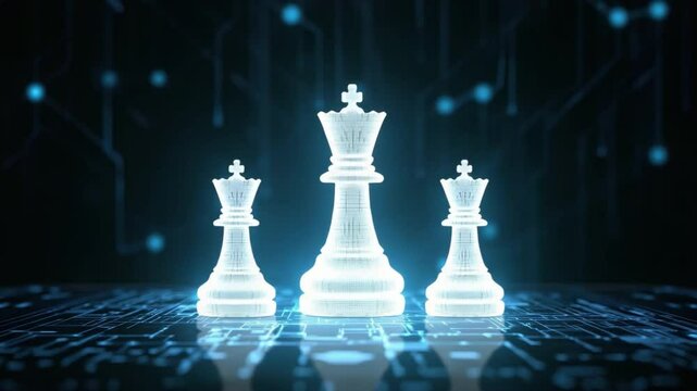 Digital Chess King on Futuristic Circuit Board Background with Glowing Lines and Data Connections 4k video footage