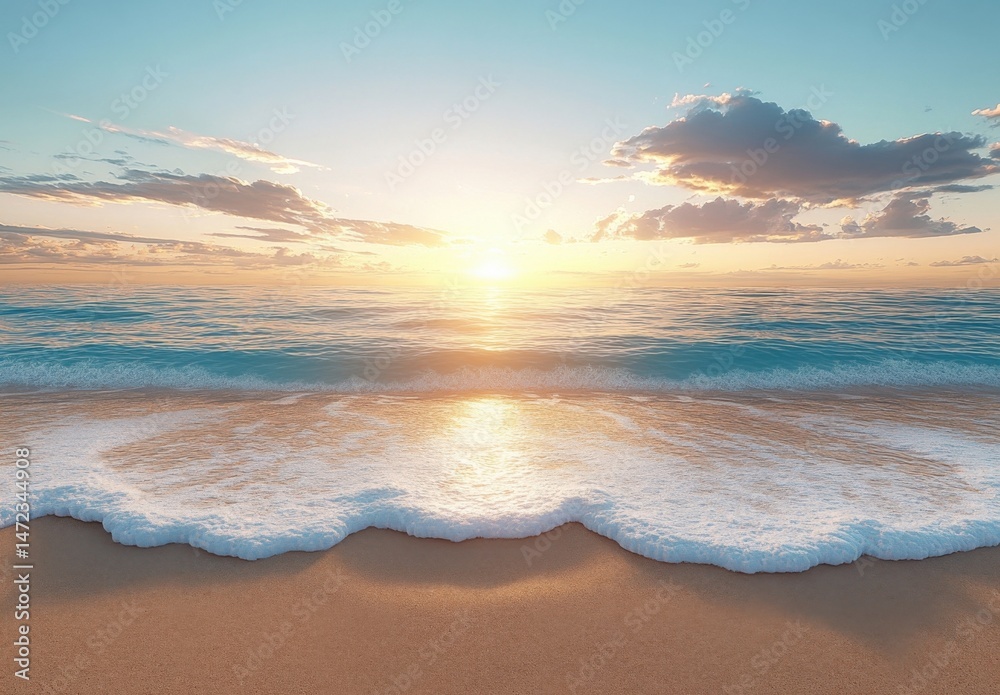 Poster serene sunset over a tranquil ocean beach, gentle waves lapping the golden sand, creating a peaceful