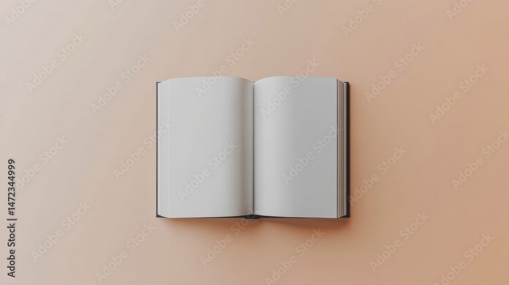 Poster open book with blank pages rests on a peach-colored surface, ready for your text or design. : genera
