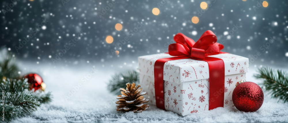 Poster a beautifully wrapped christmas gift sits in the snow, adorned with a red ribbon and surrounded by p
