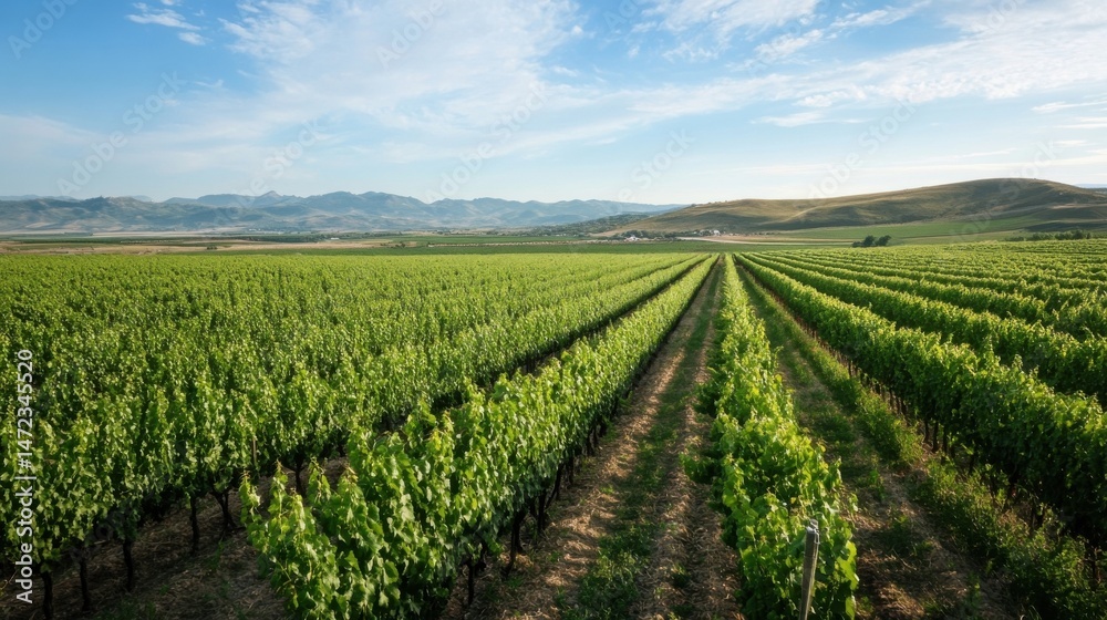 Poster vast vineyard rows stretch across a sun-drenched valley, mountains forming a scenic backdrop under a