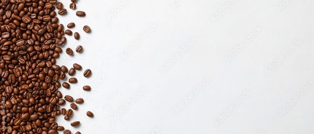 Poster roasted coffee beans scattered on a white textured surface, creating a border with copy space. perfe