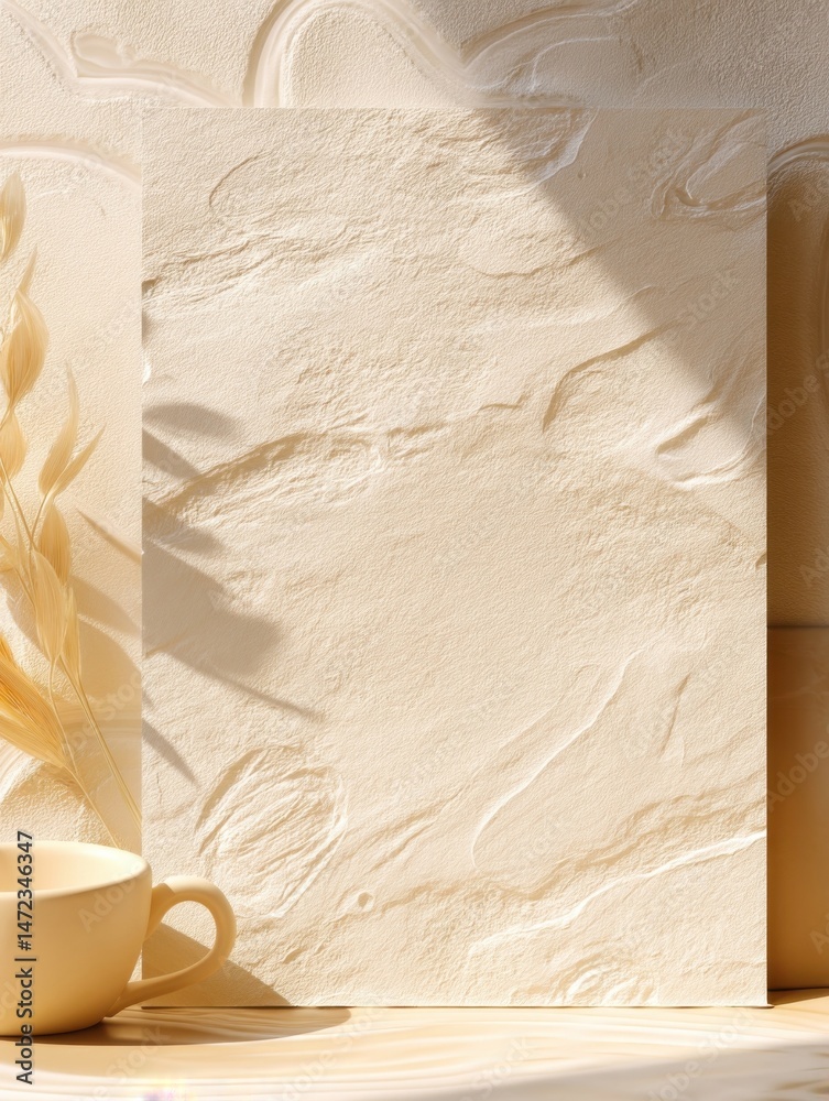 Fototapete creamy textured background with pale yellow mug and dried flowers, ideal for minimalist branding or 