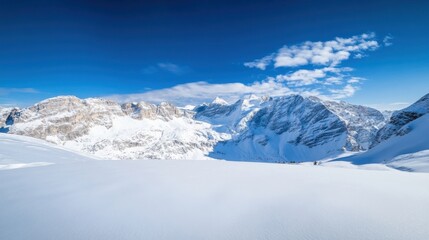 Naklejka premium Panoramic view of snow-covered mountains under a vibrant blue sky, showcasing dramatic peaks and valleys in a pristine winter landscape. : Generative AI