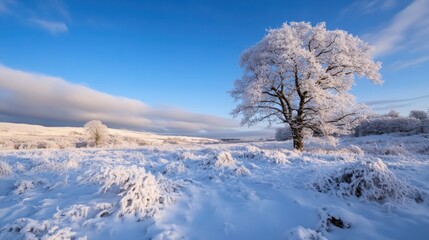 Solitary frost-covered oak tree stands in a serene winter landscape, snow blankets the field and distant hills under a clear blue sky. : Generative AI