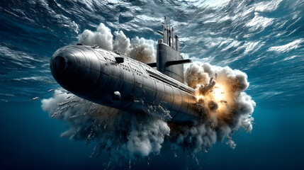 Naklejka premium Submarine surfaces dramatically through water with explosive power under ocean waves