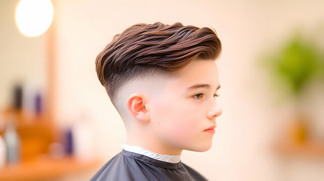 Boy's textured, short, side-parted hairstyle with a low fade