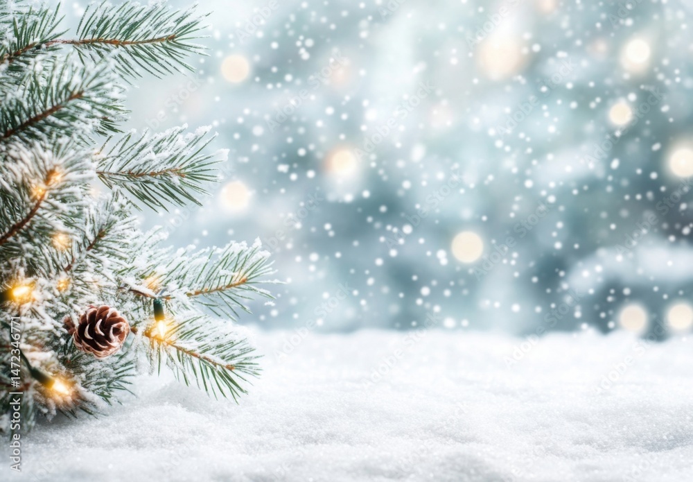 Aufkleber Snow-covered pine branch with warm lights rests on a snowy surface, bokeh background suggesting a winter wonderland scene. : Generative AI