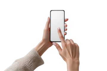 Woman using modern smartphone with blank white screen mockup isolated on for app presentation design on transparent background