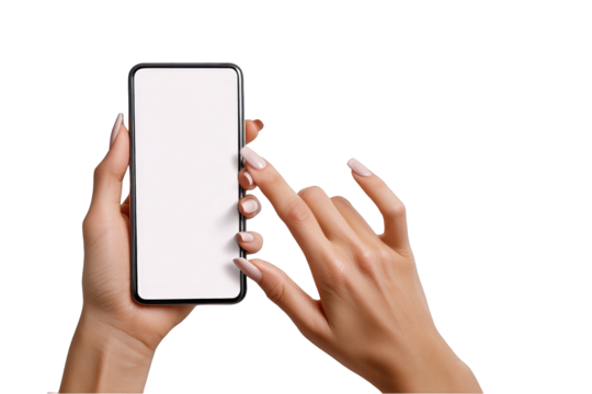 Womans hands holding smartphone with blank screen displaying modern technology and user interface design on transparent background - Powered by Adobe