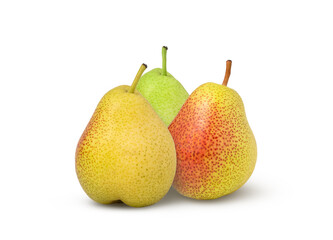 Green, yellow and red pear fruits isolated on white background.Three isolated pears.