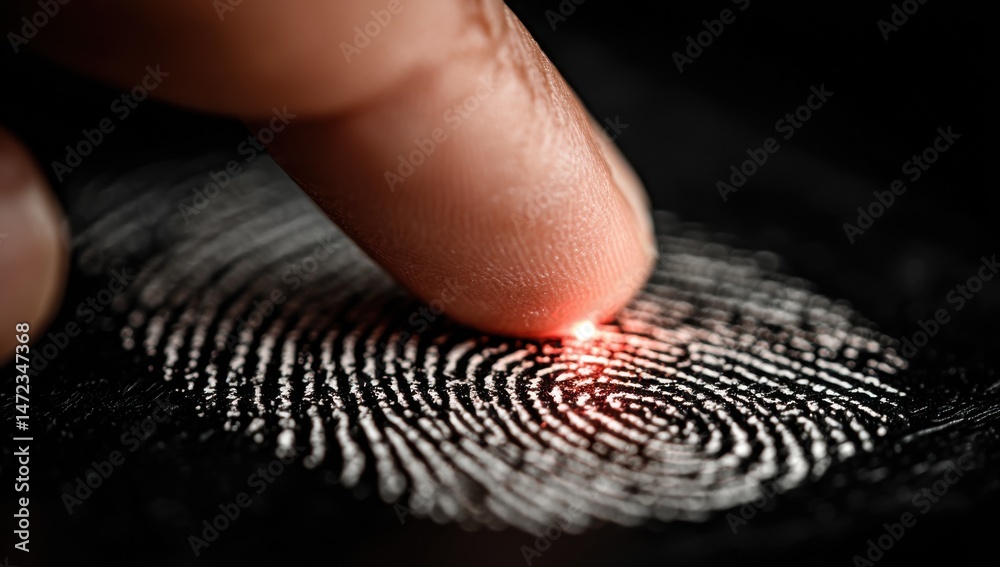 Aufkleber Close-up image of a finger touching a fingerprint, illuminated with a red glow, showcasing unique ridges and whorls of human identification. : Generative AI