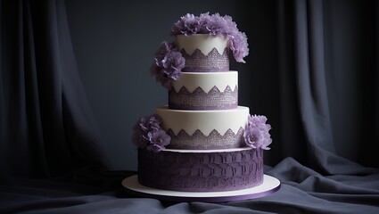 Elegant Three Tier Wedding Cake with Purple Lace and Flowers
