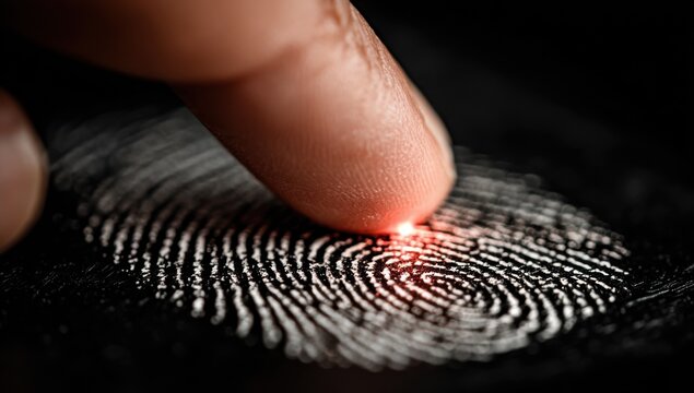 Close-up image of a finger touching a fingerprint, illuminated with a red glow, showcasing unique ridges and whorls of human identification. : Generative AI