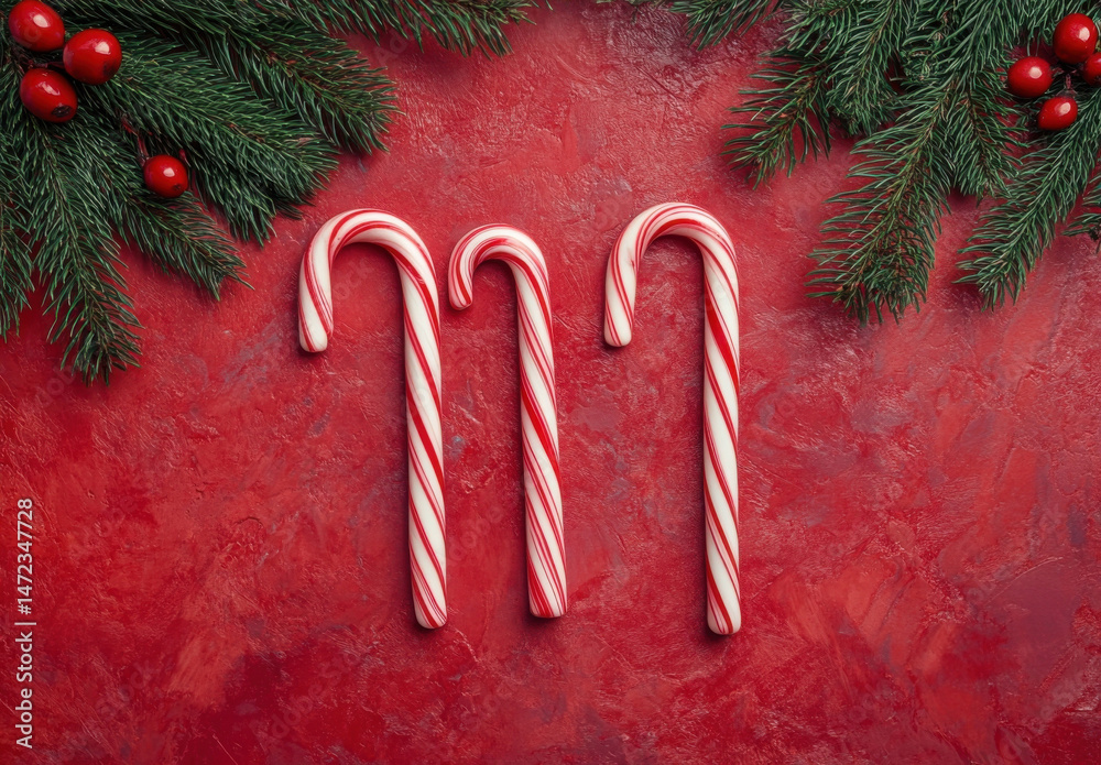 Poster three peppermint candy canes on a red textured background, adorned with festive fir branches and red